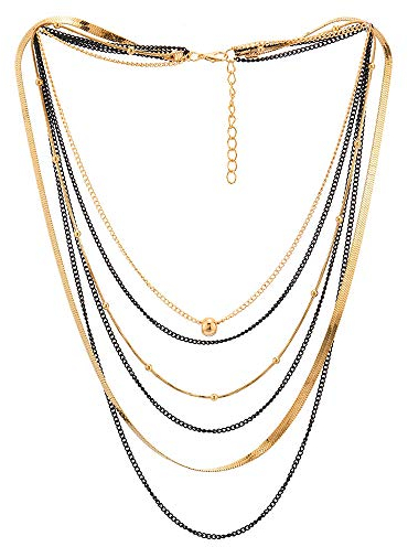 Schwarz Gold Choker Kragen Halsband Statement Halskette Wasserfall Multi-Schichten Kette Ball Charme Anhänger Abendkleid