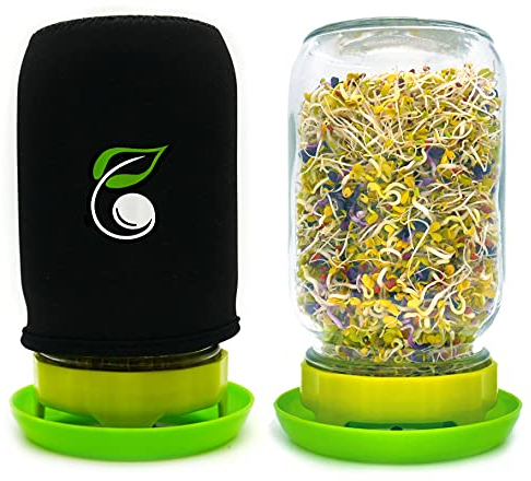 Grow Your Pantry 32oz Black Indoor Sprouting Jar Kit: Mason Jar with Mesh Lid, Drip Tray, Washable Cover - Sprout Maker for Home
