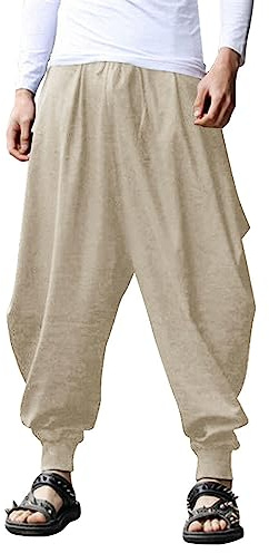 Coofandy Men Hippie Harem Pants Baggy Linen Cotton Boho Yoga Pants Summer Beach Pants Casual Drop Crotch Trouser, Khaki, Large