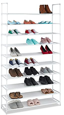 Relaxdays Étagère à Chaussures en Tissu, HLP : 175,5x100x29 cm, 50 Paires, 10 étages, système d'emboîtement, XXL, Blanc