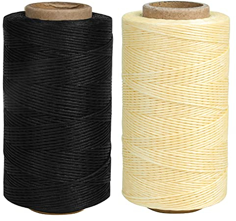 2 Spule Wachsfaden, Gewachste Ledergarn 260 m, Wachs Nähfaden für Leder, Flache Thread Sattlergarn Gewachst, 1 mm Ledernähgarn Schnur für Handnähen Buchbinden, Schwarz + Beige