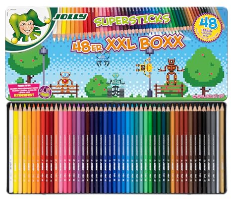 JOLLY Supersticks 48er XXL Box, 48 Kinderfeste & Bruchsichere Farbstifte, ungiftige Buntstifte, leuchtende und satte Farben, in robustem Metalletui mit diversen Pixelgrafiken