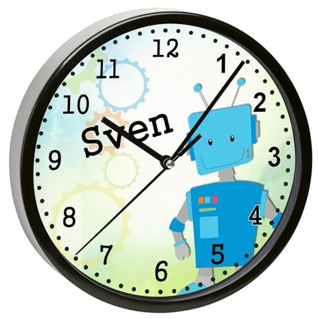 CreaDesign, Wanduhr Kinder personalisiert mit Name, Motiv Roboter blau, Rahmen Wanduhr schwarz, Ø 19,5 cm