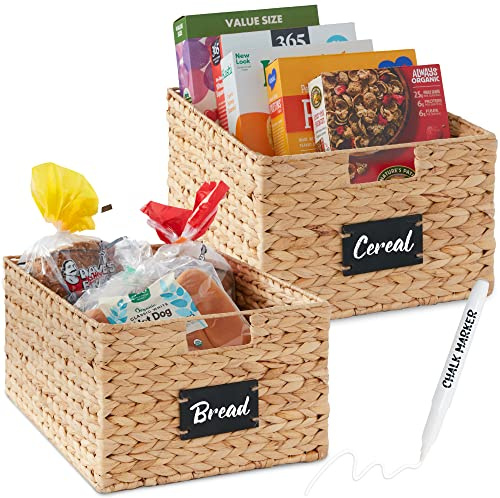 Best Choice Products Pantry Baskets Set of 2 16x12in Water Hyacinth Storage Baskets, Woven Wicker Kitchen Organizers with handles w/Chalkboard Label Chalk Marker - Natural