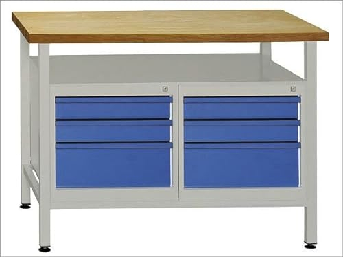 ADB 41930 Werkbank, 6 Schubladen, Grau/Hellblau, 1200 mm x 600 mm x 840 mm