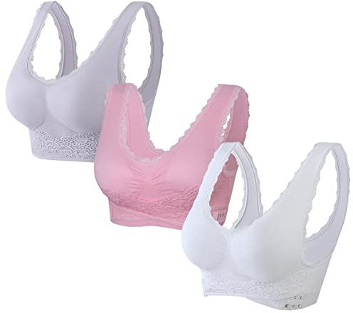 Jamron Donna 3 Pezzi Fibbia Laterale Incrociata Push Up Bralette di Pizzo Senza Ferretto Reggiseno Sportivo Comfort con Imbottito Rimovibili Viola Chiaro + Rosa + Bianco L