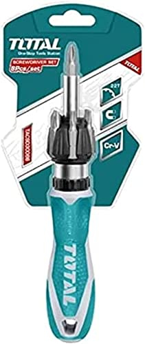 TOTAL - Multi-bit Screwdriver | 7 Interchangeable Bits | 22 Teeth Ratchet for Fast Screwing | Ideal for DIY & Repair | Includes Flat, Phillips & Torx | Metallic Silver, Chrome Vanadium