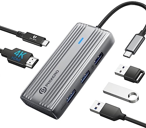 PHIXERO USB C Hub Multiport Adapter, 4K USB C Hub HDMI, 5-in-1 USB C Dongle mit 4K HDMI, 60 W PD Aufladung, USB 3.0, 2 USB 2.0 Anschlüsse, für MacBook Pro/Air, iPad Pro, Laptop