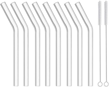 ALINK Short Bent Glass Straws, 6 in x 10 mm Reusable Clear Glass Curved Cocktail Straws for Whiskey, Coffee, Soda, Water, Pack of 8 with Brush