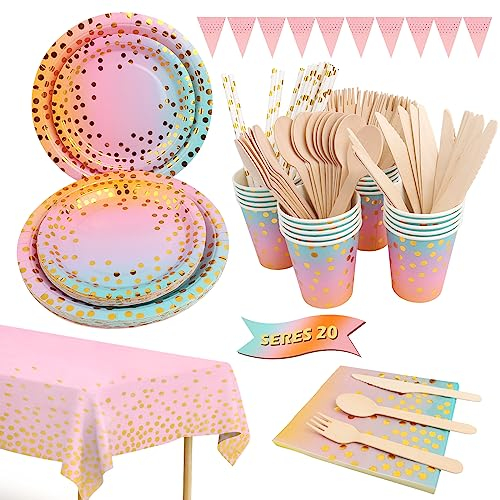 MXTIMWAN 171 Piezas Vajilla Fiesta Cumpleaños, Platos y Vaso Cumpleaños Infantil, Juego de vajilla para Fiestas Platos Vasos Servilletas Cubiertos para Baby Shower Aniversarios (20 Invitados)
