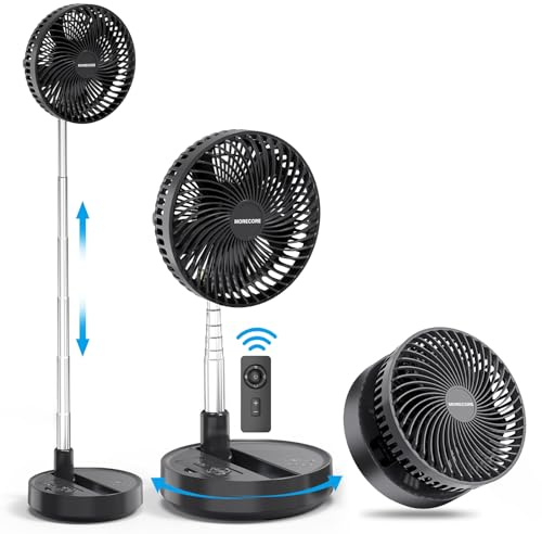 MORECORE Ventilador de pie oscilante plegable, ventilador de pie de 10000 mAh, funciona con pilas, entrada y salida USB de 8 pulgadas, ventilador de pedestal silencioso para camping, sala de viajes