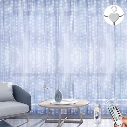 LITYBY Curtain Fairy Lights, 3m×3m 300LED Fairy Lights for Bedroom, Garden, Party, Wedding Decorations with Remote Control (Cold White)