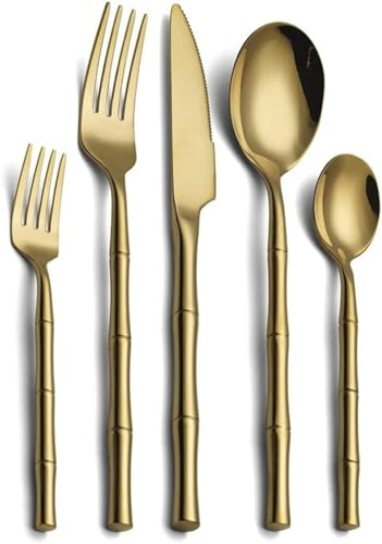 Vajilla Juego De Cubiertos Con Mango De Bambú De 30 Piezas Juego De Tenedor Y Cuchillo Para Carne De Acero Inoxidable Para 6 Personas Disponible En Lavavajillas Servicio De Cena,30 Piezas De Oro,P