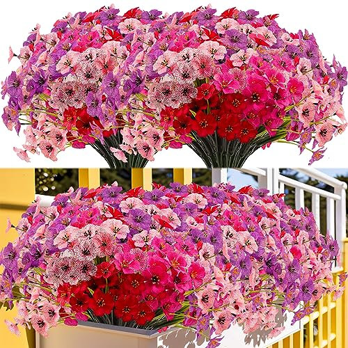 Kinisty 16 Bundles Fake Flowers Outdoor Artificial Silk Flowers, Decorative Faux Plastic Plants Schrubs for Outside Garden Window Box Hanging Baskets