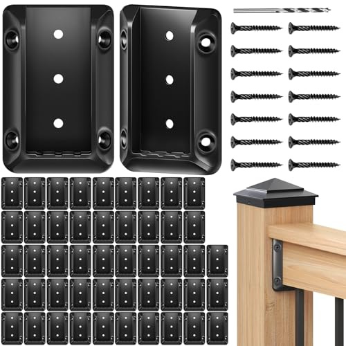 Toscoco 50 Pcs Deck Railing Bracket Connectors for 2×4“ (Actually 1.5”x3.5“) Wood Post to Handrail Connection, Railing Brackets for Deck Railing with 350 Galvanized Black Screws