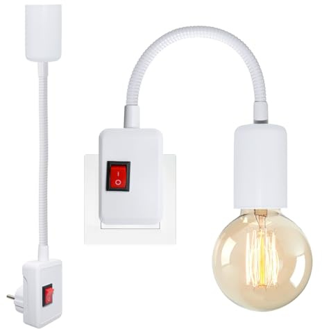 2 enchufes con interruptor, soporte bombilla E27, 9 mm grueso flexible cuello de cisne, blanco lámpara toma de pared, foco con toma de corriente, lámpara de lectura de pared, iluminación temporal, sin