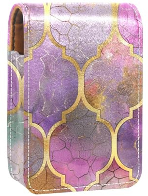 Lippenstiftetui,Lipgloss Lippenstift Organizer aus Leder mit Spiegel,Mini Lippenstifthaltertasche,Vintages Aquarell marokkanisch