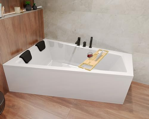 BADLAND Badewanne Original Weiß Acryl Wanne Eckbadewanne INTIMA 180x125 Links KOMPLETTSET SET + Bambus Ablage + Füßen und Exklusive Chrom Automatik Ablaufgarnitur Made in EU 4in1