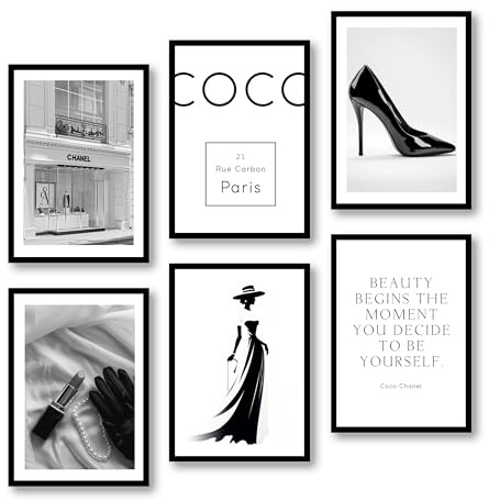 MJ-GRAPHICS® Coco Fashion, Mood Poster Schwarz Weiß, Wandbilder für Schlafzimmer & Wohnzimmer (6xA3), Elegante Vintage Bilder ohne Rahmen