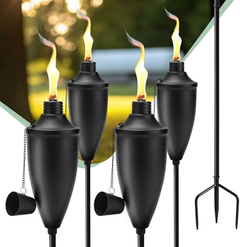 FALBAWR 4 Pack Garden Torches for Outside, 22 oz Metal Citronella Torch with 3-Prong Grounded Stake, Perfect for Patio, Lawn, and Backyard Décor