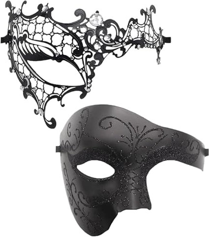 JewelryWe Masque Carnaval Vénitien Couple: Lot de 2 Masques Vénitien Homme Femme en Métal et Plastique avec Strass Brillant et Motif Creux Masque Halloween pour Déguisement,Bal de Maquillage,Mascarade
