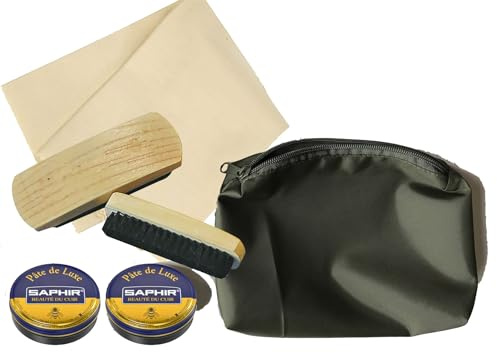CL Distribution Military Boot/Shoe Cleaning Kit - Brown + Black Saphir Polish - Selvyt Cloth - 2 Large Brushes - Zipped Green Pouch