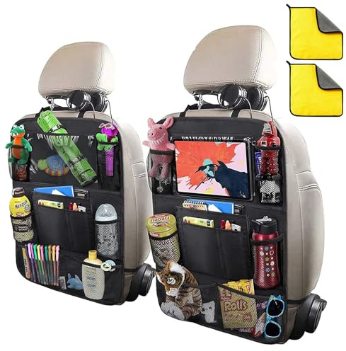 Car Seat Organiser - 2 Pack Kids Back Seat Organiser, Car Seat Storage with Clear Touch Screen Tablet Holder with 9 Pockets, Car Organiser for Bottles Toys Books Car Accessories for Toddlers, Black