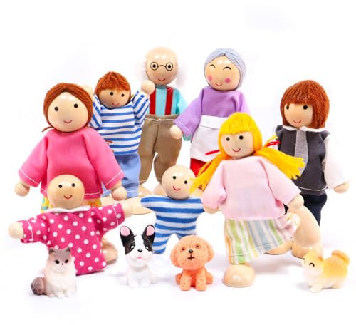 Homethrive Puppenfamilie aus Holz, 13 Stück, Familienpuppen aus Holz, für Haus mit Katze und Hund, Puppenhaus-Charaktere für Rollenspielzubehör und Geschenk