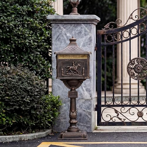 Cast Aluminum Locking Mailbox, Heavy Duty Security Postal Box, Retro Mid-Century Outdoor Mailbox with Key Lock, Weatherproof Anti-Theft Design, Easy Installation, Bronze