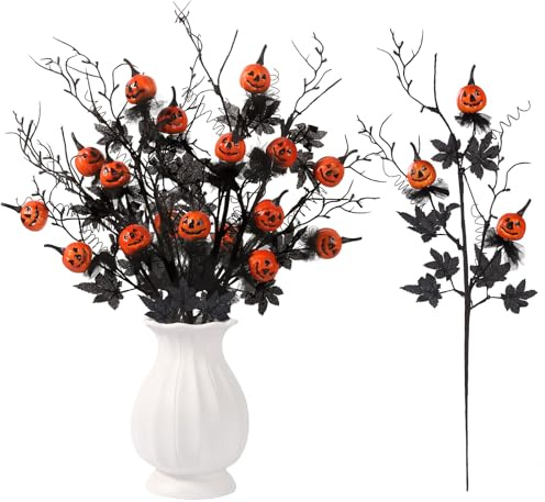 JOLCEEY 5pcs Halloween Artificial Flowers for Decorations, 19.5Inch Black Fake Pumpkin Maple Leaf Floral Stems Faux Branches for Halloween Home Indoor Party Vase Arrangement Decor