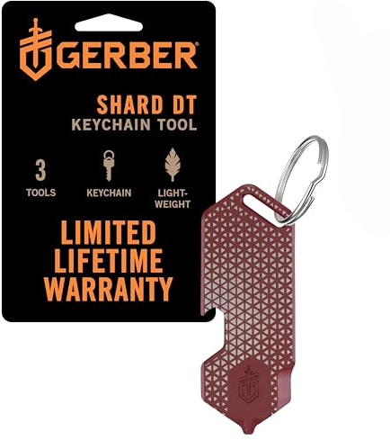 Gerber Multifunktions-Tool und Schlüsselanhänger, Shard DT | Dog Tag mit 3 Funktionen für die kleinen Alltagsprobleme, Länge: 6,5 cm, Gewicht: 28 g, Edelstahl, Rot, 1074007