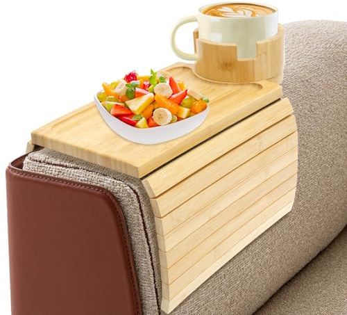 Gatphy Bamboo Sofa Armrest Tray with Detachable Couch Cup Holder, Anti-Slip Side Table Tray Foldable Sofa Couch Arm Trays for Cup, Remotes, Bottles, Food, Drinks and Phones (Square)