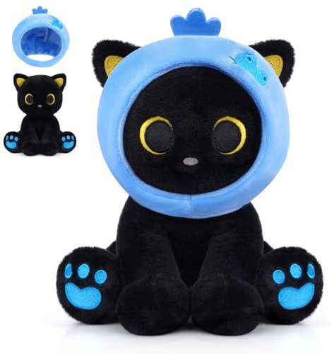 MUFEIRUO Schwarze Katze Plüschtier mit Blaubeer-Kopfhaube,Katze Plüsch Stofftier mit Abnehmbare Kapuze,Kuscheltier Geschenk zum Geburtstag,Halloween,Weihnachten