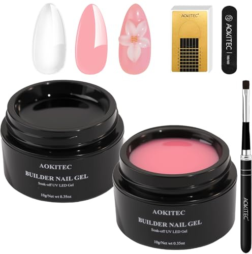 Kit Gel Ricostruzione Unghie Aokitec - Gel Trasparente Rosa non appiccicoso per ricostruzione unghie, con 100 forme per unghie e pennino per prolungamento e decorazioni intagliate riparazione unghie
