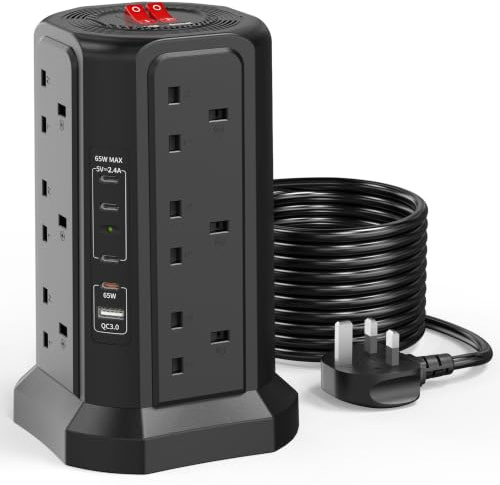 HAFINO Tower Extension Lead 3M with PD 65W USB C Fast Charger and USB Slots | 12 Way Surge Protected Extension Lead Tower with 5 USB Slots (4C1A), Extension Cable for Home, Office, Black