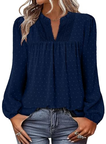 CHICZONE Women's Long Sleeve Chiffon Blouses Crew Neck Lace Hem Tunic Tops for Leggings Casual T-Shirts