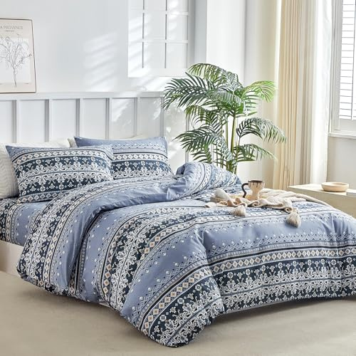 Lekesky Ensemble de housse de couette taille King 4 pièces en microfibre douce à rayures boho bleues avec 1 housse de couette 230x220 cm, 2 taies d'oreillers enveloppantes, 1 drap-housse
