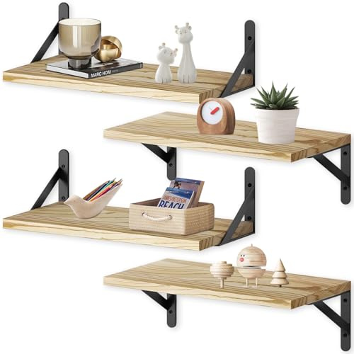 4 Piezas Baldas Pared Madera Flotantes con Soportes Metálicos Antióxido,3 Prateleiras Parede Tamaños Diferentes, Estanteria Versátil y Decorativo para Salón, Dormitorio, Oficina, Cocina & Baño Decor