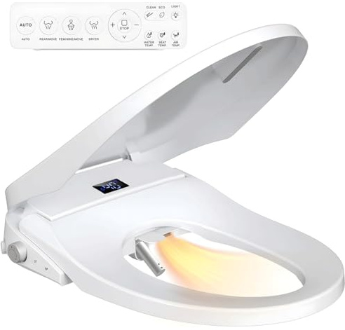 Bidet Toilet Seat, Electric Smart Heated Toilet Seat with Instant Warm Water & Dryer, Feminine & Front Rear Wash, Self-Clean Nozzle, Night Light, Wireless Remote, Soft Closed Toilet Lid, Elongated