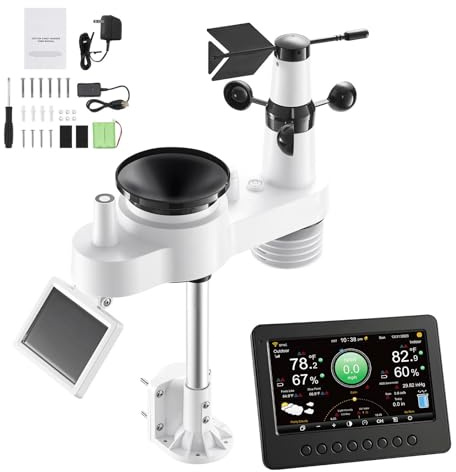 VEVOR 7-in-1 Wi-Fi Weather Station, 7-Inch TFT Display, Wireless Solar Powered Outdoor Sensor, Rain Gauge, Indoor Outdoor for Weather Forecast, Wind Speed Direction, Temperature, Humidity, Rainfall