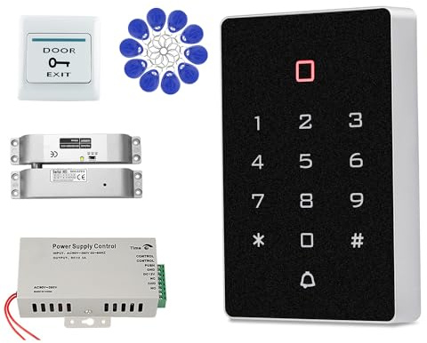 AccessShield Tastiera di controllo accessi sicura per casa e serratura elettrica, alimentazione a 12 V, pulsante di apertura porta con 10 portachiavi ID, 125 kHz