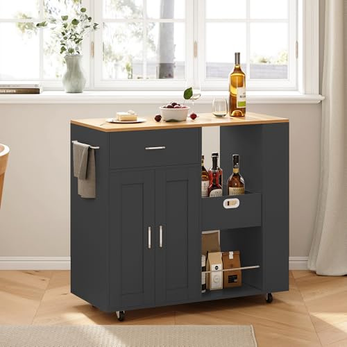 OLIVIBED Köksö på hjul, köksvagn med låda och 2 dörrar, Kitchen Island med öppna fack, köksö med handdukshållare, för kök, matsal och utomhus, 102 x 46 x 92 cm, svart