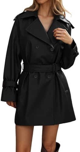 Generisch Giacca in pelle da donna, lunga, in similpelle, con colletto alto, trench con cintura, giacca invernale in ecopelle, oversize, giacca da lavoro, cappotto da lavoro