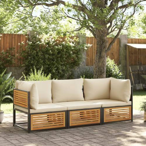QJBSAVVA 3-TLG. Eck-Gartensofa Akazie 68x68 cm cremeweiße Polster kleine Balkon Lounge Set Robustes Holz-Stahl für Garten Terrasse und Innenhof