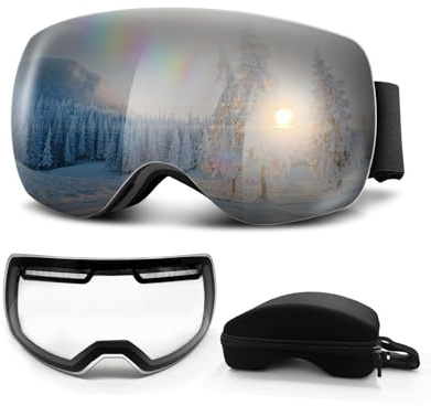 Trongle Skibrille OTG für Damen und Herren, UV400-Schutz Ski Goggles mit 2 Magnetische Wechselglas für Sonnige und Bewölkte Tage, Anti-Fog Sphärisch Snowboardbrille für Männer zum Snowboard Skifahren