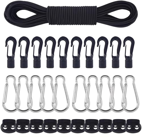COEWUR 20 M Gummiseil 5mm Elastische Gummischnur Gummikordel Schwarz Expanderseil mit 10 Kunststoffhaken 10 Kordelstopper 10 Karabinerhaken für Camping Anhängerplane Schnürsenkel Wäscheleinen