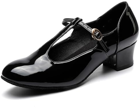 Sekiueo Damskor för ballroomdans T-remmar latin tango salsa karaktärsskor stängd tå grov klack,Black b,38 EU