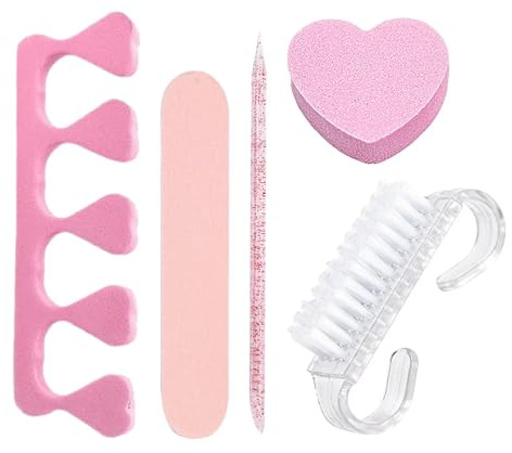 Manicure Set, 5 PCS Nail Care Tool Kit, Manicure & Pedicure Tools with Toe Separator, Crystal Stick, Nail File, Nail Buffer Block and Nail Dust Brush for Home Salon - Pink