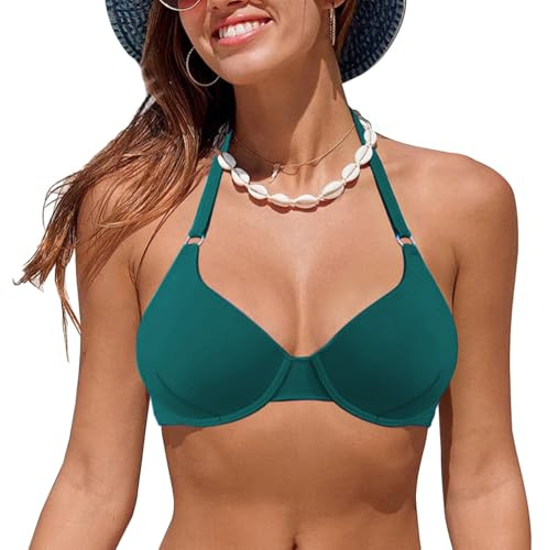 Rayson Top Bikini da Donna Push up Reggiseni Bikini a Triangolare Classico con Scollo a V Allacciatura al Collo（Verde Scuro,XL