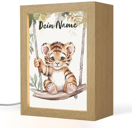 OnlyWow© Nachtlampe Kinder Mit Name Baby Night Light Kinderzimmer | 15x20 cm - Personalisiert Nachtlicht Jugendliche Nachtischlampe Tiger - Tier - Dschungel
